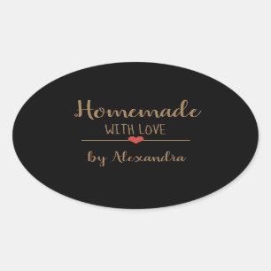 Homemade with love black and gold name oval sticker