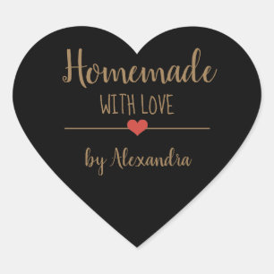 Homemade with love black and gold script name  heart sticker