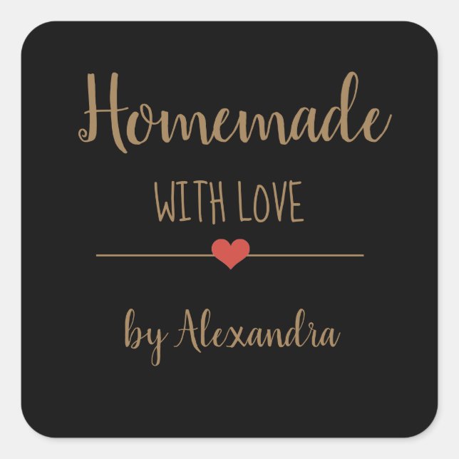 Homemade with love black and gold script name square sticker (Front)