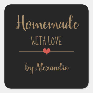 Homemade with love black and gold script name square sticker