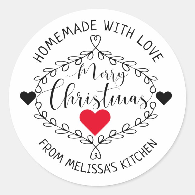 Homemade With Love Black And White Merry Christmas Classic Round Sticker (Front)