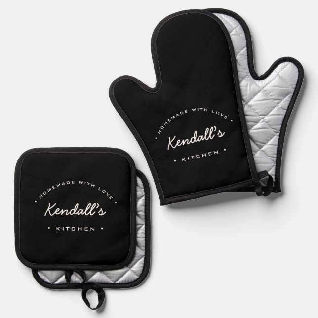 Homemade with Love Black white personalised Oven Mitt & Pot Holder Set (Front/Back)