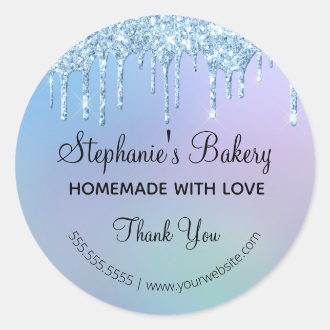Homemade with Love Blue Dripping Glitter Thank you Classic Round Sticker (Front)