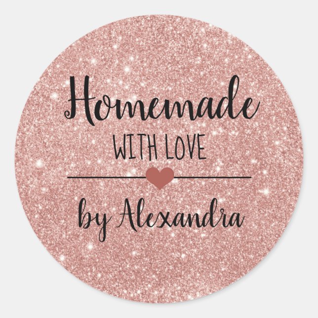 Homemade with love blush pink glitter script classic round sticker (Front)