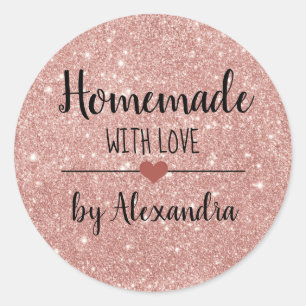 Homemade with love blush pink glitter script classic round sticker