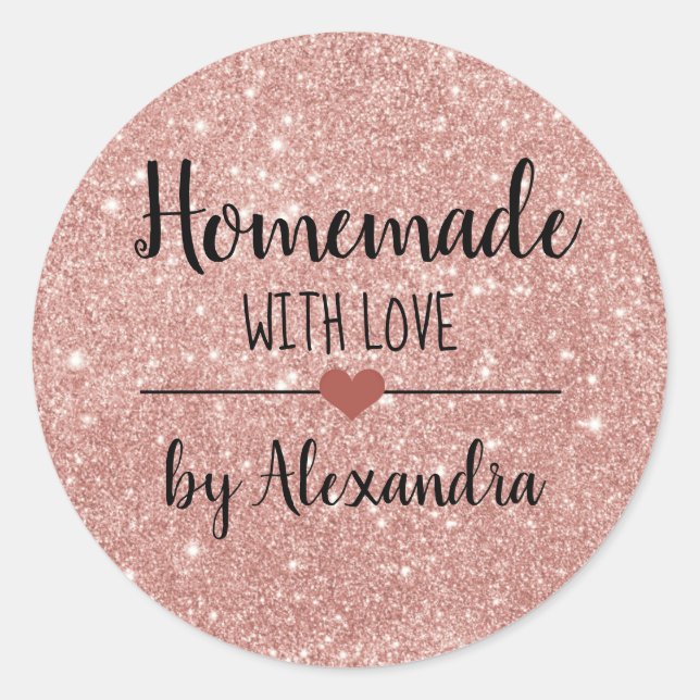 Homemade with love blush pink glitter script classic round sticker (Front)