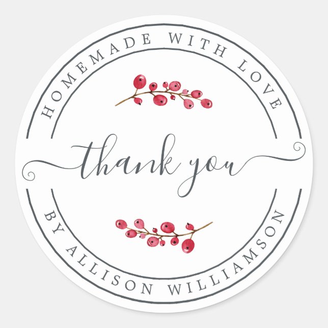 Homemade With Love Cranberry Sprig Thank You Classic Round Sticker (Front)