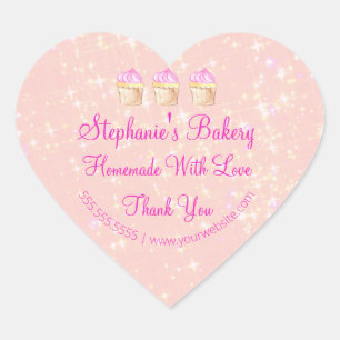Homemade with Love  Cup Cake Bakery  Pink Glitter Heart Sticker