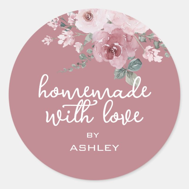 Homemade with Love Floral Rose Burgundy Gift Class Classic Round Sticker (Front)