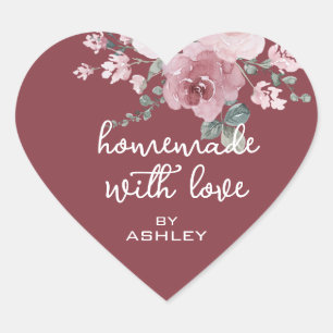 Homemade with Love Floral Rose Burgundy Heart Sticker