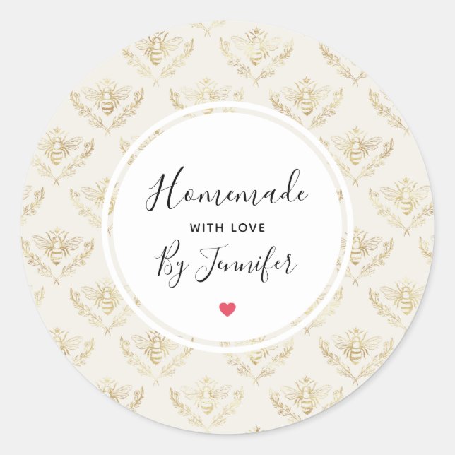 Homemade with Love Golden Bumble Bee with Crown Classic Round Sticker (Front)