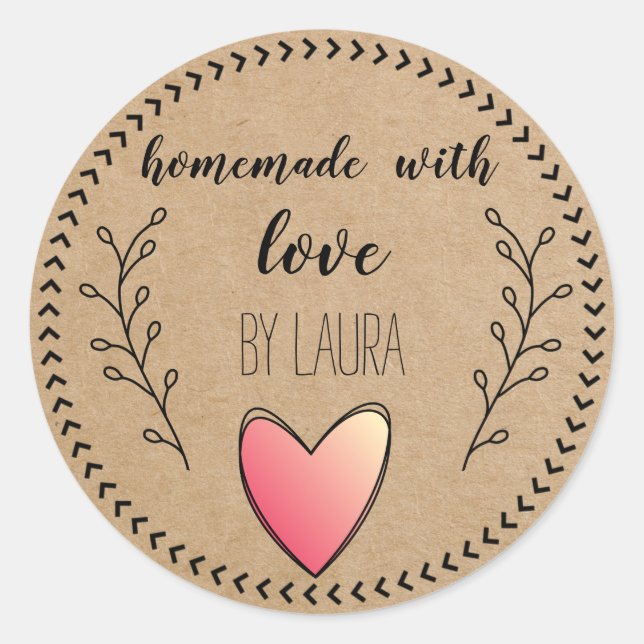 Homemade with Love Heart Kraft Paper Customise Classic Round Sticker (Front)