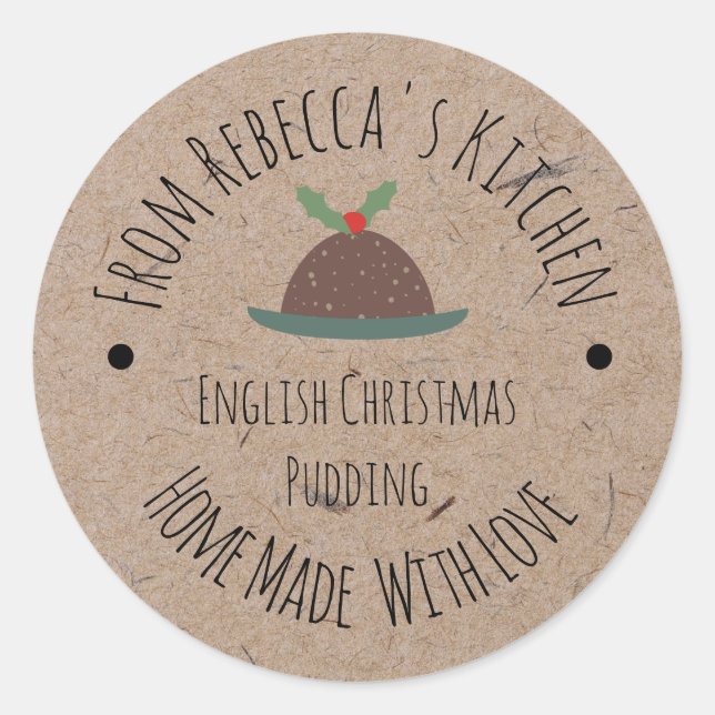 Homemade with Love Kraft Paper | Christmas Pudding Classic Round Sticker (Front)