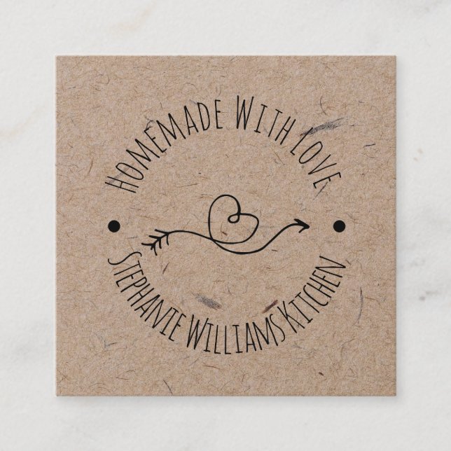 Homemade with Love | Kraft Paper Look| Heart Arrow Square Business Card (Front)
