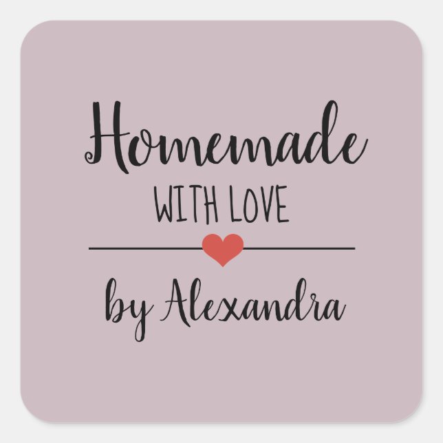 Homemade with love light purple script name square sticker (Front)