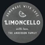 Homemade with Love Limoncello Modern Chalkboard Classic Round Sticker<br><div class="desc">Custom-designed limoncello stickers/labels featuring personalised text/gift message on chalkboard style background.</div>