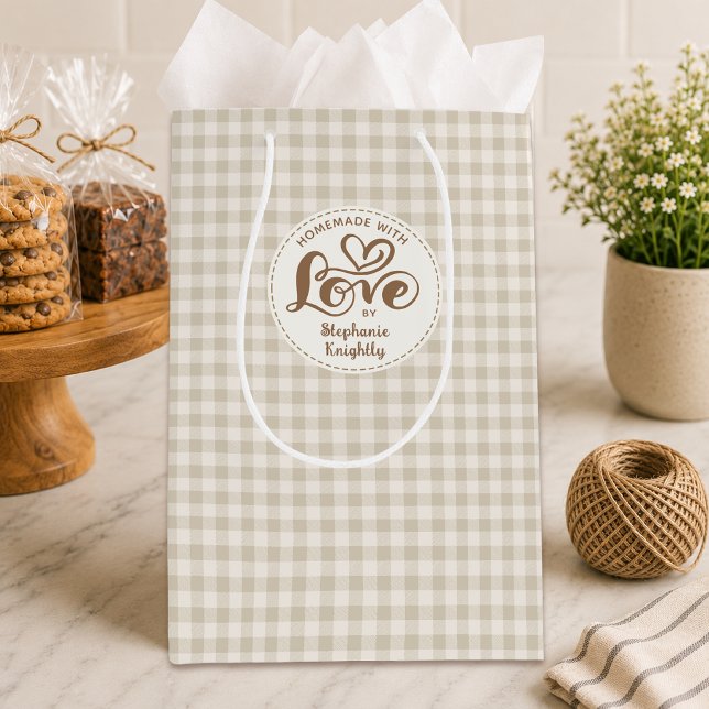 Homemade with Love Neutral Gingham Plaid Medium Gift Bag (Creator Uploaded)