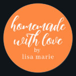 Homemade with Love Personalised Bright Orange Gift Classic Round Sticker<br><div class="desc">Rustic and modern personalised homemade with love sticker feautures stylish handwritten script calligraphy on a bright orange background. Perfect for all your homemade gifts! Simply add your name to the label. Exclusively designed for you by Happy Dolphin Studio!</div>