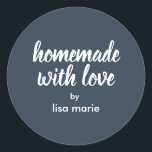 Homemade with Love Personalised Dark Blue Gift  Classic Round Sticker<br><div class="desc">Rustic and modern personalised homemade with love sticker feautures stylish handwritten script calligraphy on a dark blue background. Perfect for all your homemade gifts! Simply add your name to the label. Exclusively designed for you by Happy Dolphin Studio!</div>