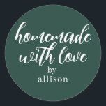 Homemade with Love Personalised Dark Green Gift Classic Round Sticker<br><div class="desc">Rustic and modern personalised homemade with love sticker feautures stylish handwritten script calligraphy on a dark green background. Perfect for all your homemade gifts! Simply add your name to the label. Exclusively designed for you by Happy Dolphin Studio!</div>