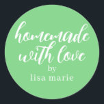 Homemade with Love Personalised Green Gift Classic Round Sticker<br><div class="desc">Rustic and modern personalised homemade with love sticker feautures stylish handwritten script calligraphy on a summer green background. Perfect for all your homemade gifts! Simply add your name to the label. Exclusively designed for you by Happy Dolphin Studio!</div>