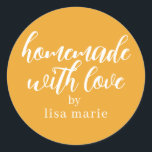 Homemade with Love Personalised Mellow Yellow Gift Classic Round Sticker<br><div class="desc">Rustic and modern personalised homemade with love sticker feautures stylish handwritten script calligraphy on a mellow yellow background. Perfect for all your homemade gifts! Simply add your name to the label. Exclusively designed for you by Happy Dolphin Studio!</div>