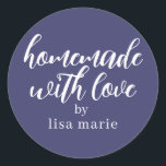Homemade with Love Personalised Navy Blue Gift Classic Round Sticker<br><div class="desc">Rustic and modern personalised homemade with love sticker feautures stylish handwritten script calligraphy on a navy blue background. Perfect for all your homemade gifts! Simply add your name to the label. Exclusively designed for you by Happy Dolphin Studio!</div>