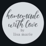 Homemade with Love Personalised Pastel Blue Gift Classic Round Sticker<br><div class="desc">Rustic and modern personalised homemade with love sticker feautures stylish handwritten script calligraphy on a pastel blue background. Perfect for all your homemade gifts! Simply add your name to the label. Exclusively designed for you by Happy Dolphin Studio!</div>