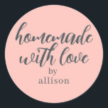 Homemade with Love Personalised Pastel Pink Gift Classic Round Sticker<br><div class="desc">Rustic and modern personalised homemade with love sticker feautures stylish handwritten script calligraphy on a pastel pink background. Perfect for all your homemade gifts! Simply add your name to the label. Exclusively designed for you by Happy Dolphin Studio!</div>