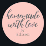 Homemade with Love Personalised Pastel Pink Gift Classic Round Sticker<br><div class="desc">Rustic and modern personalised homemade with love sticker feautures stylish handwritten script calligraphy on a pastel pink background. Perfect for all your homemade gifts! Simply add your name to the label. Exclusively designed for you by Happy Dolphin Studio!</div>