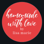 Homemade with Love Personalised Red Gift Classic Round Sticker<br><div class="desc">Rustic and modern personalised homemade with love sticker feautures stylish handwritten script calligraphy on a bright red background. Perfect for all your homemade gifts! Simply add your name to the label. Exclusively designed for you by Happy Dolphin Studio!</div>
