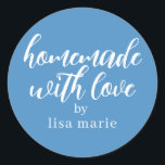 Homemade with Love Personalized Azure Blue Gift Classic Round Sticker<br><div class="desc">Rustic and modern personalized homemade with love sticker feautures stylish handwritten script calligraphy on a bright azure blue background. Perfect for all your homemade gifts! Simply add your name to the label. Exclusively designed for you by Happy Dolphin Studio!</div>