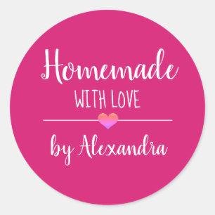 Homemade with love pink white script name classic round sticker