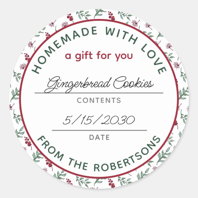 Homemade with Love Product Name Holiday Botanical Classic Round Sticker (Front)