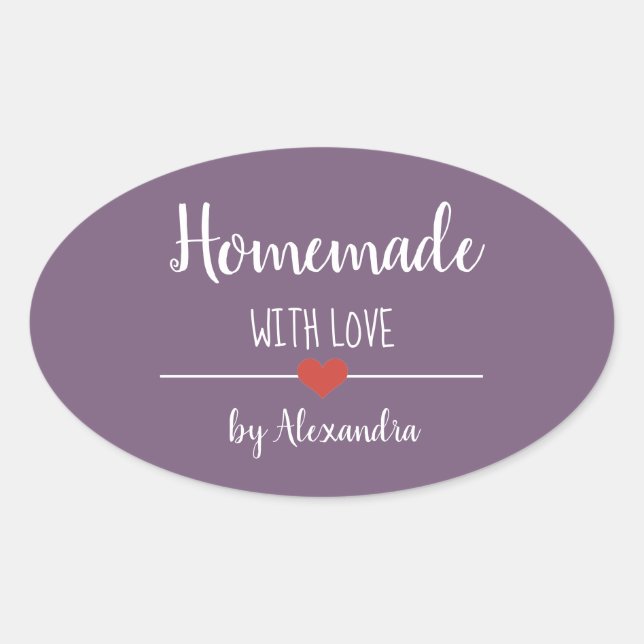 Homemade with love purple personalised  oval sticker (Front)