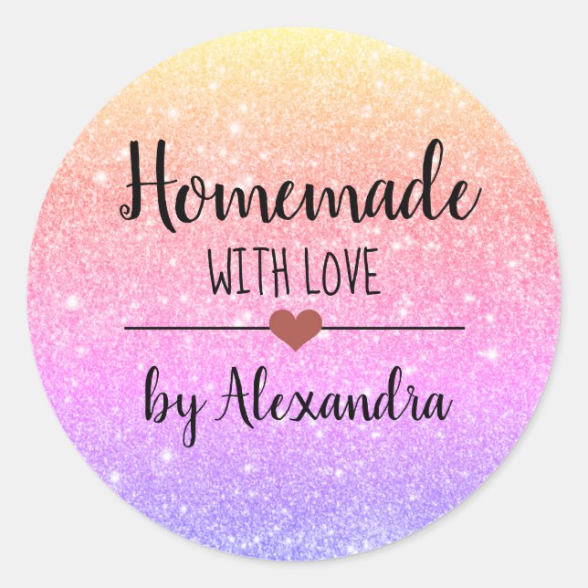Homemade with love rainbow glitter script classic  classic round sticker (Front)
