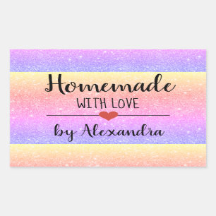 Homemade with love rainbow glitter script  rectangular sticker