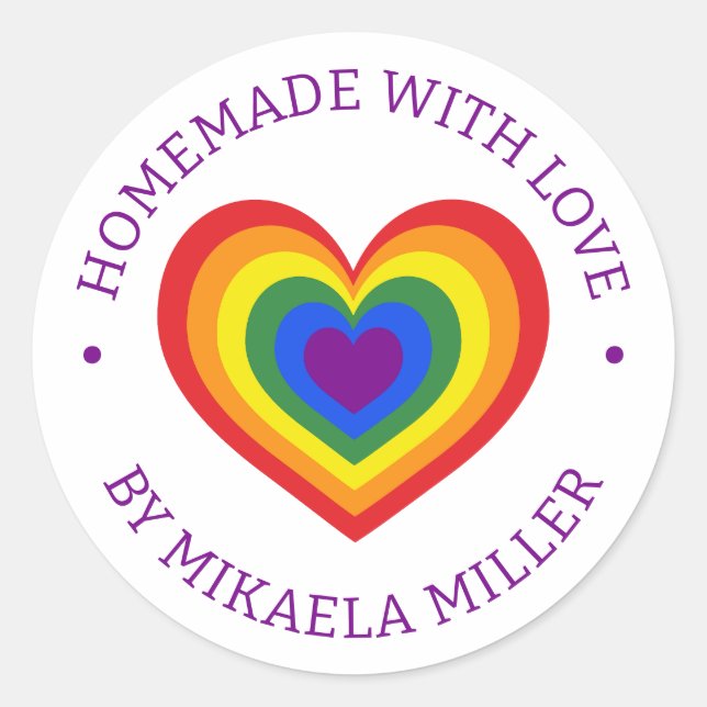 Homemade With Love Rainbow Heart Custom Name Classic Round Sticker (Front)