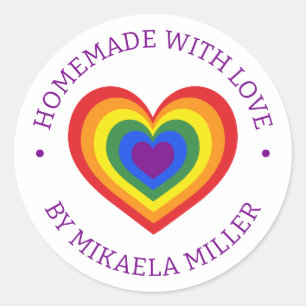 Homemade With Love Rainbow Heart Custom Name Classic Round Sticker