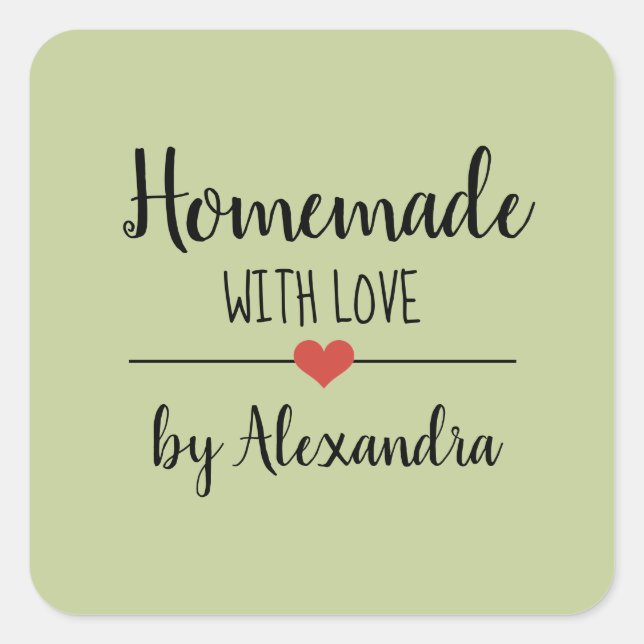 Homemade with love sage green script name square sticker (Front)