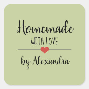 Homemade with love sage green script name square sticker