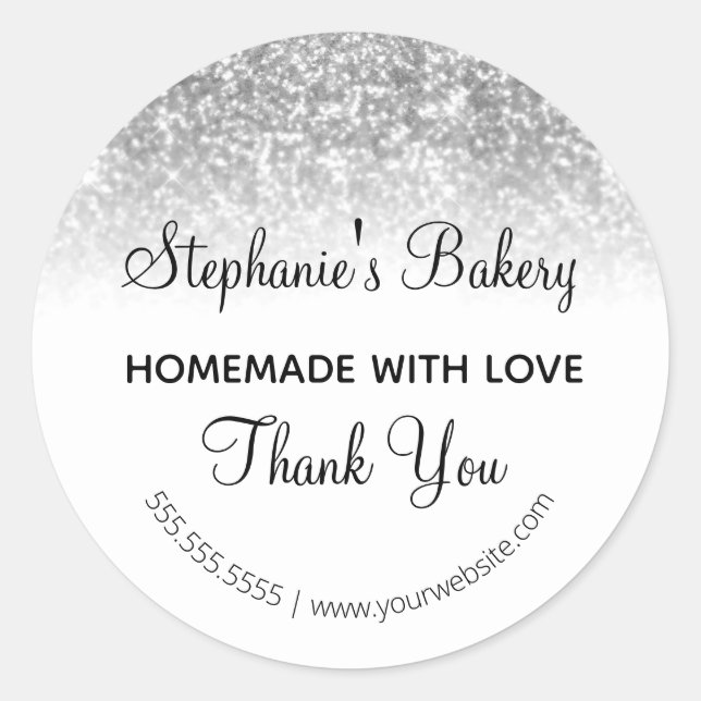 Homemade with Love Silver Glitter Thank you Classic Round Sticker (Front)
