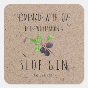 Homemade with Love Sloe Gin Kraft Paper Square Sticker
