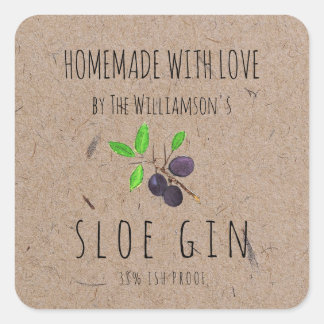 Homemade with Love Sloe Gin Kraft Paper Square Sticker