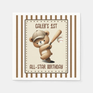 Homerun Hitter Baseball Bear 1st Birthday Party Napkin