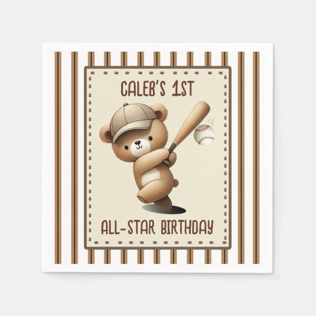 Homerun Hitter Baseball Bear 1st Birthday Party Napkin (Front)