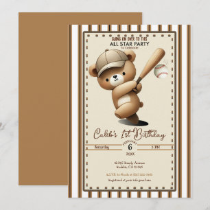 Homerun Hitter Stripe Baseball Bear 1st Birthday  Invitation