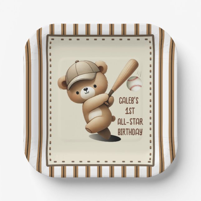 Homerun Hitter Stripe Baseball Bear 1st Birthday Paper Plate (Front)