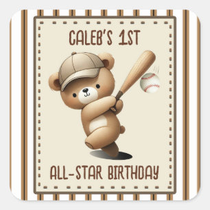 Homerun Hitter Stripe Baseball Bear 1st Birthday  Square Sticker
