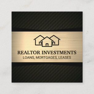 Homes Icon   Gold Metallic   Patterned Black Square Business Card